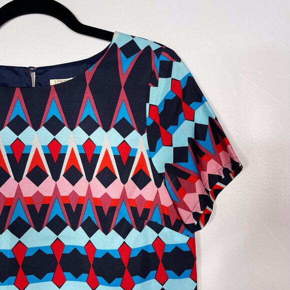 J Crew Size 2 Blue Pink Red Geometric Print Sheath Dress Short Sleeve Keyhole - Picture 3 of 12